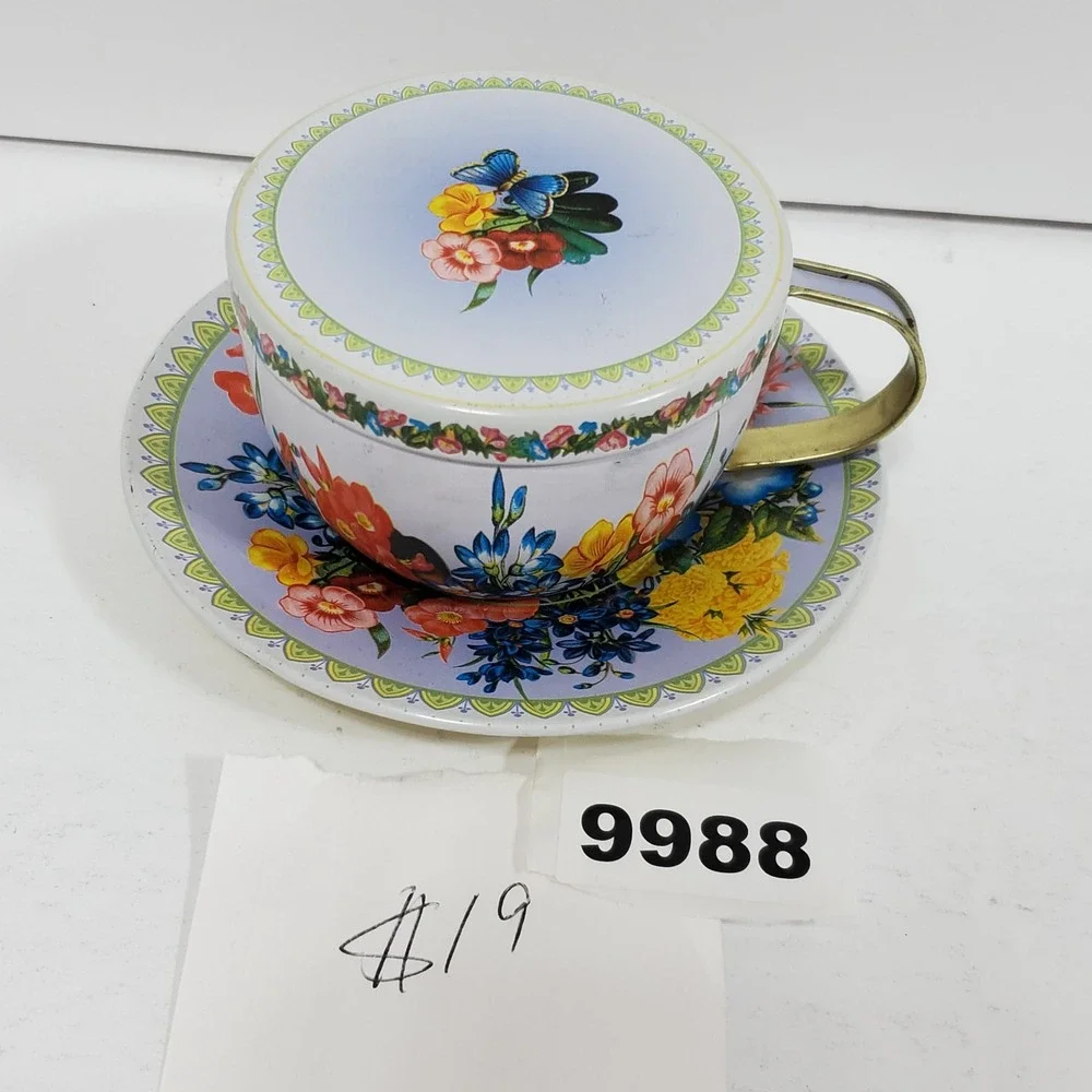 Michel & Company‎ Teacup Saucer Tin The Gifted Line Floral Butterfly Blue Gold